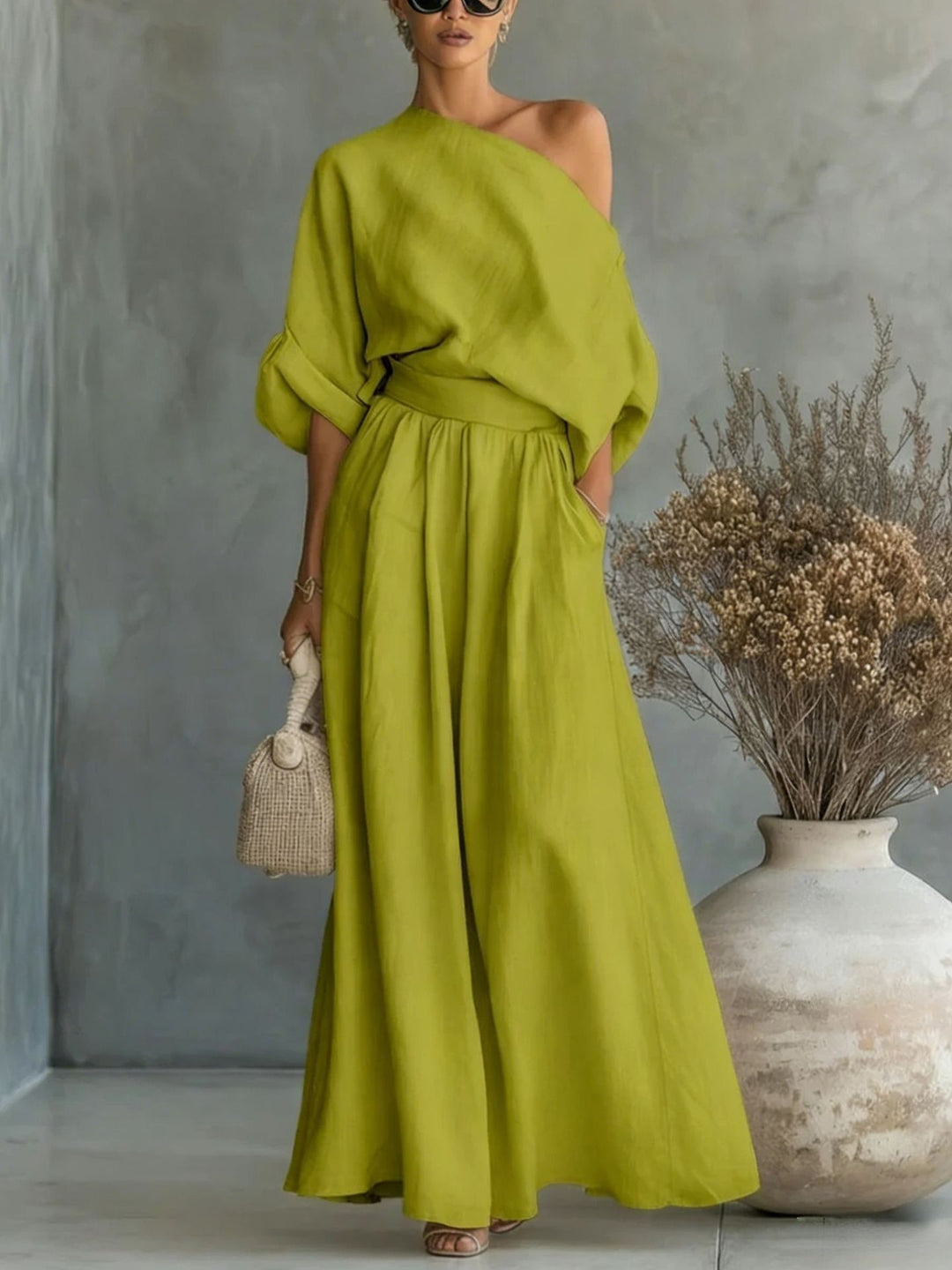 Linen Blend One-Shoulder Maxi Dress with A-Line Skirt | Sophie