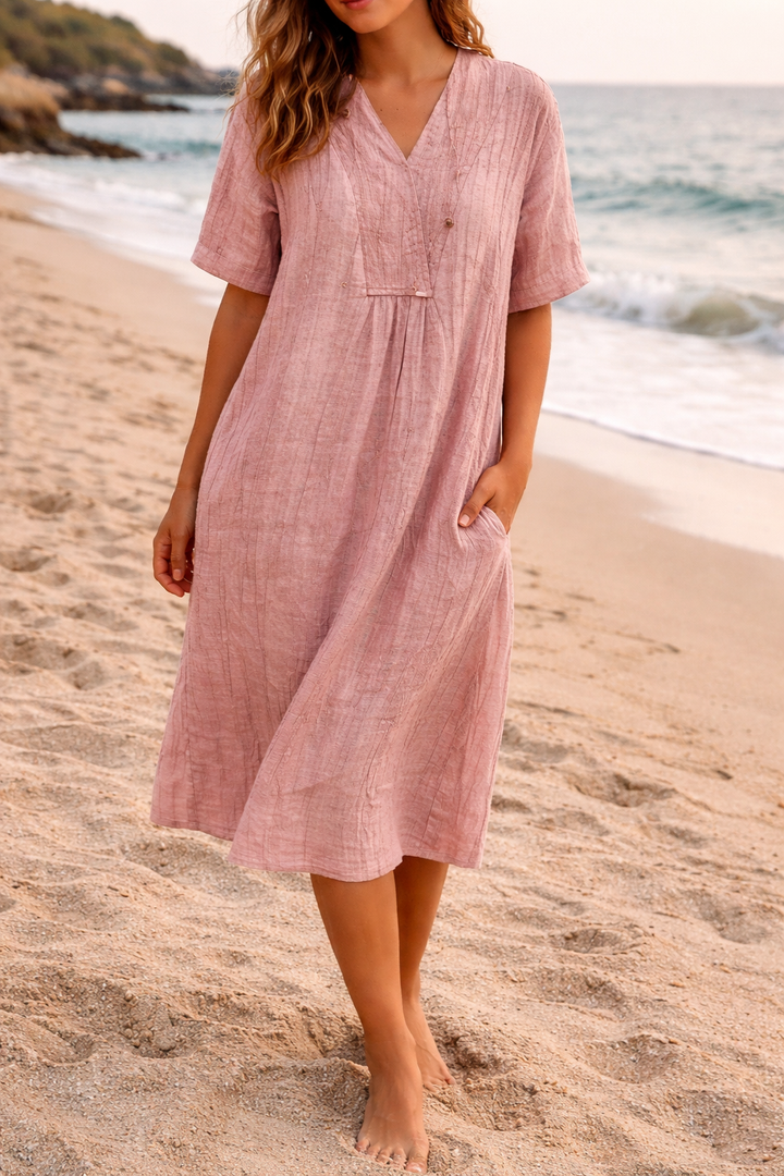 Women’s Linen Midi Dress with Relaxed V-Neck | Emily