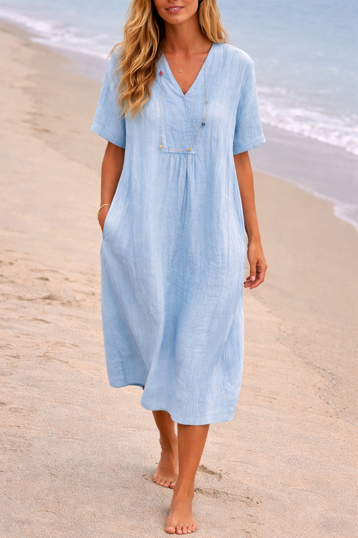 Women’s Linen Midi Dress with Relaxed V-Neck | Emily
