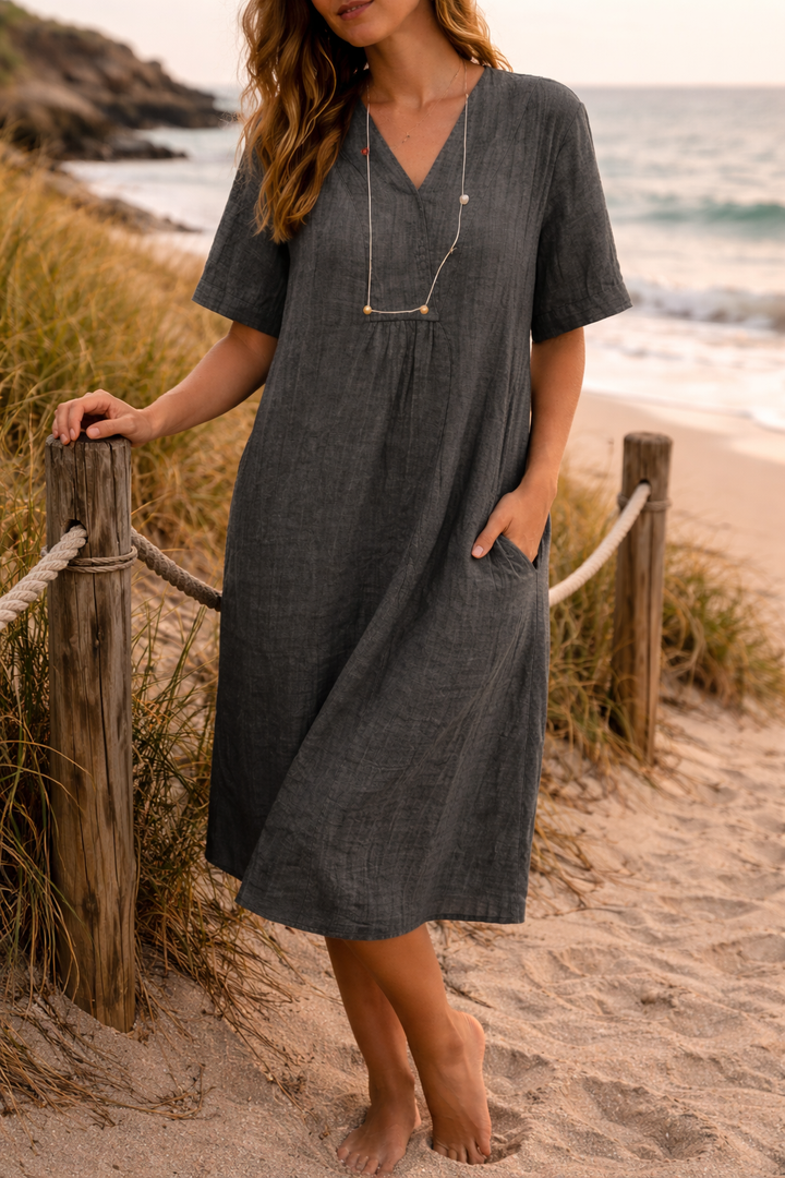 Women’s Linen Midi Dress with Relaxed V-Neck | Emily
