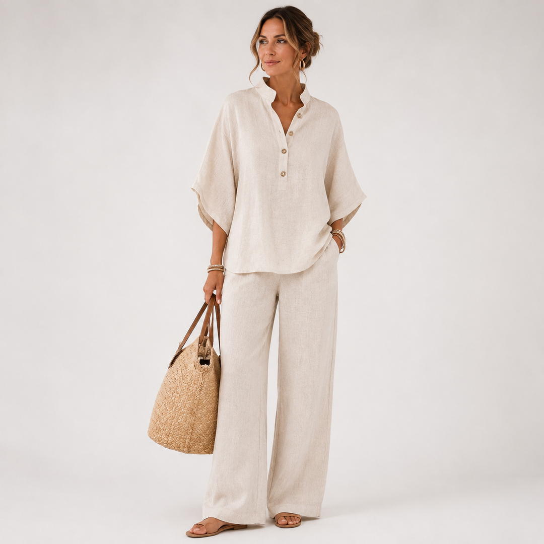 Linen Two-Piece Wide Leg Set with Mandarin Collar | Tara