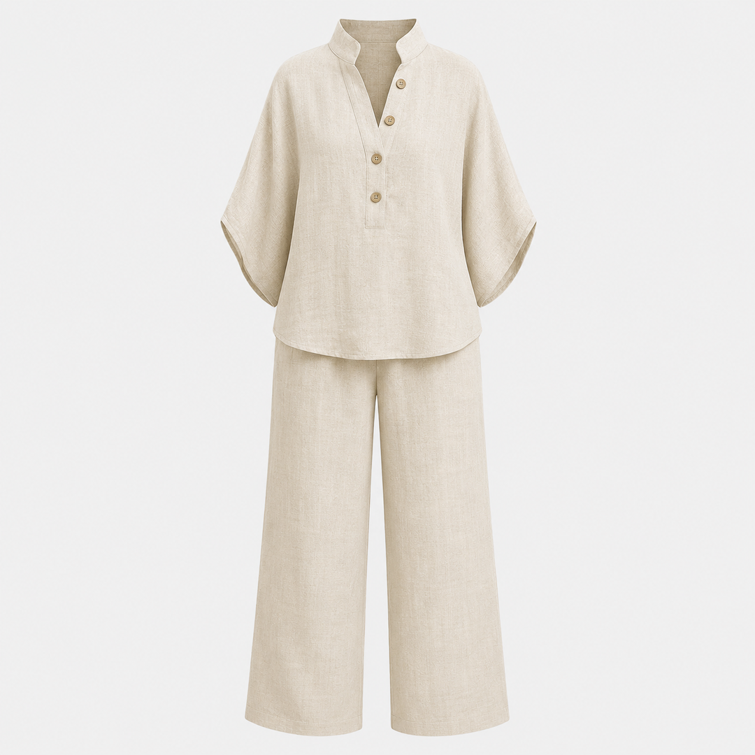 Linen Two-Piece Wide Leg Set with Mandarin Collar | Tara
