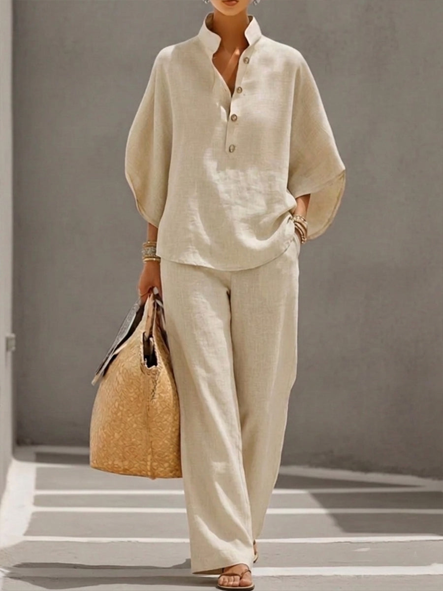 Linen Two-Piece Wide Leg Set with Mandarin Collar | Tara