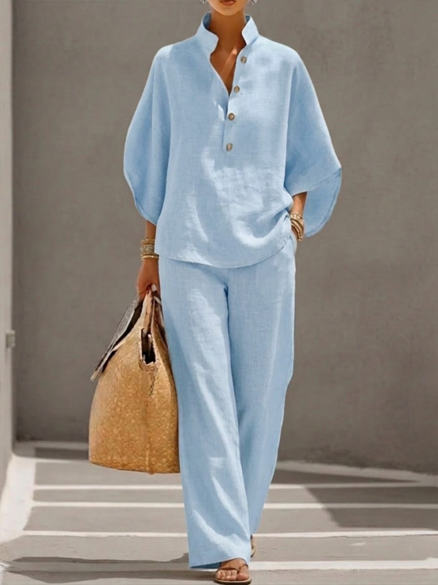 Linen Two-Piece Wide Leg Set with Mandarin Collar | Tara