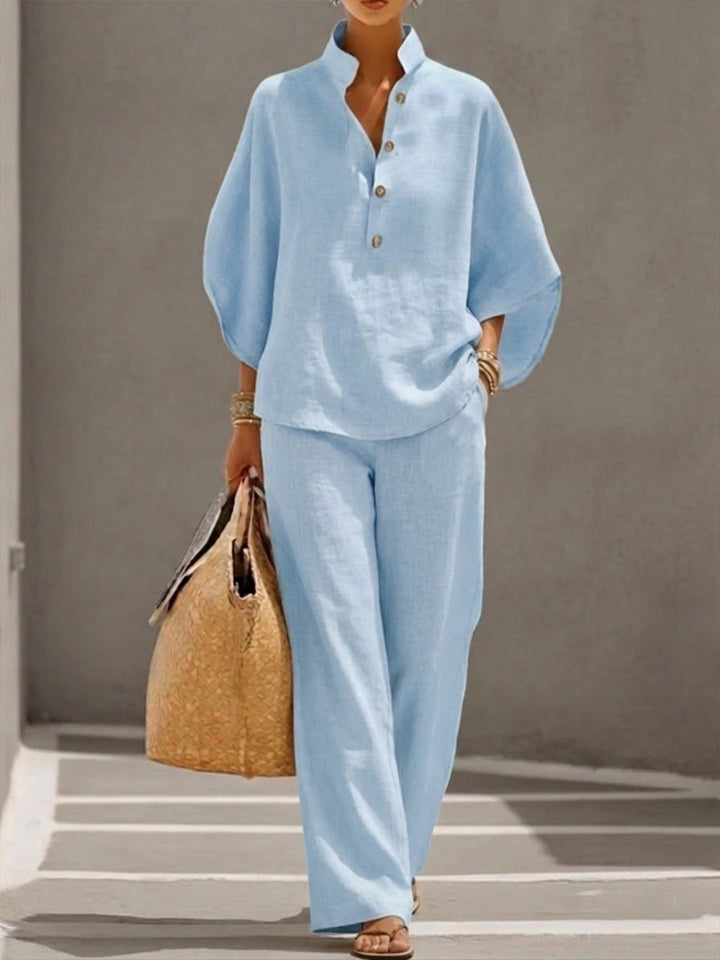 Linen Two-Piece Wide Leg Set with Mandarin Collar | Tara