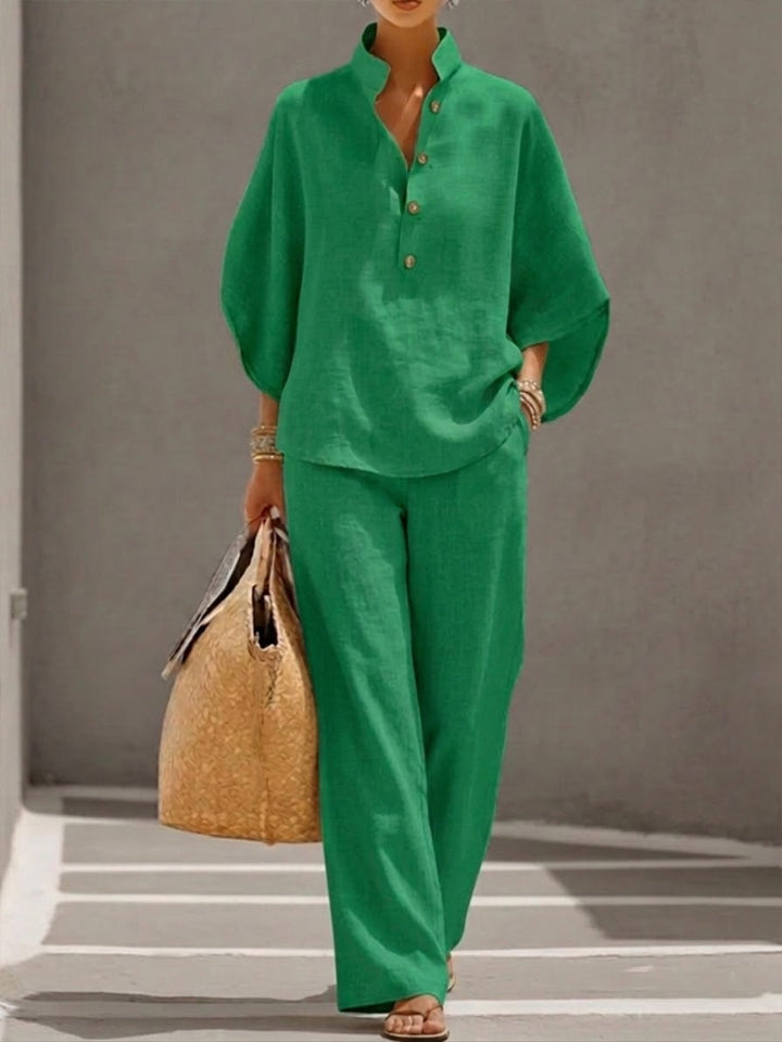 Linen Two-Piece Wide Leg Set with Mandarin Collar | Tara