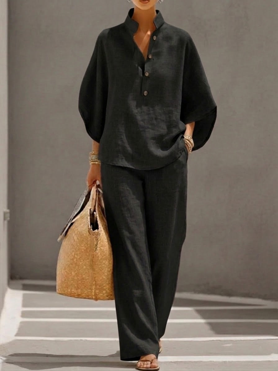 Linen Two-Piece Wide Leg Set with Mandarin Collar | Tara