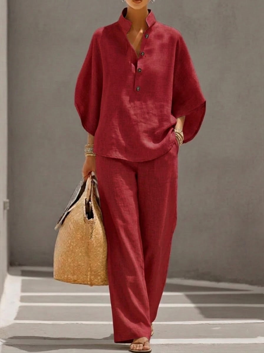 Linen Two-Piece Wide Leg Set with Mandarin Collar | Tara