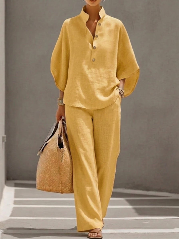 Linen Two-Piece Wide Leg Set with Mandarin Collar | Tara