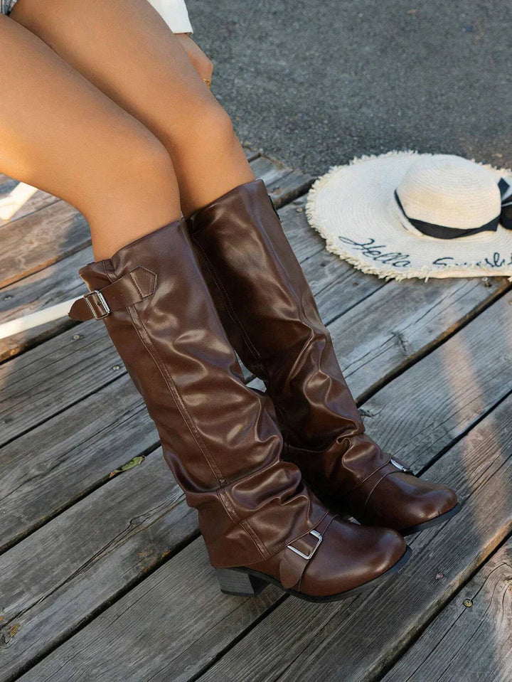 Women’s Faux Leather Ruched Knee-High Riding Boots