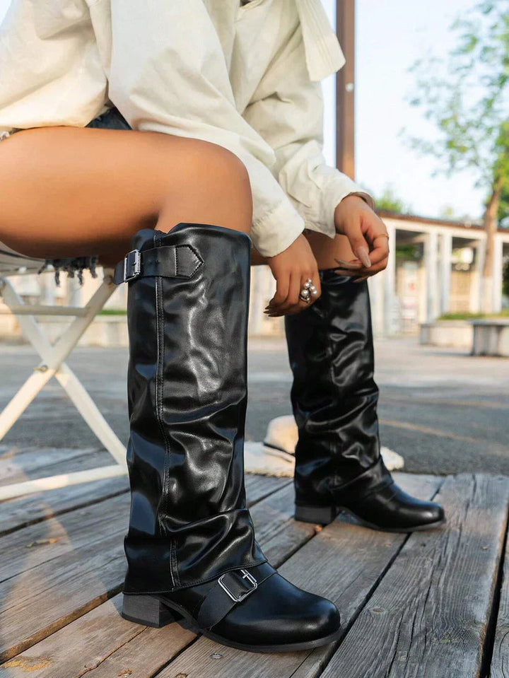 Women’s Faux Leather Ruched Knee-High Riding Boots