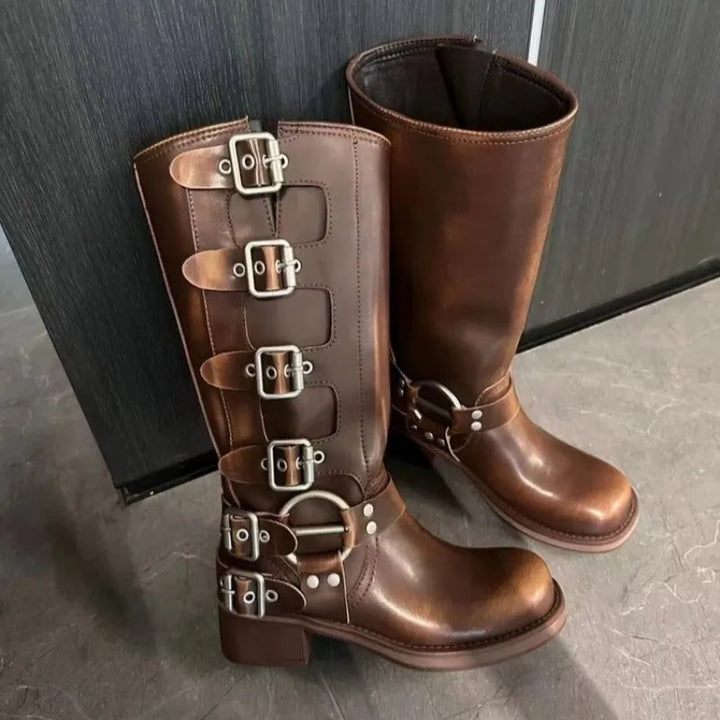 Women’s Multi-Buckle Knee-High Moto Biker Boots