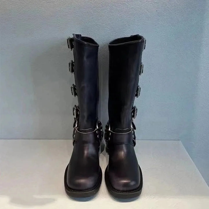 Women’s Multi-Buckle Knee-High Moto Biker Boots