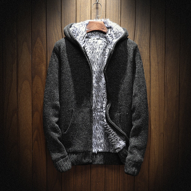 Men’s Fleece-Lined Hooded Knit Zip-Up Cardigan Jacket