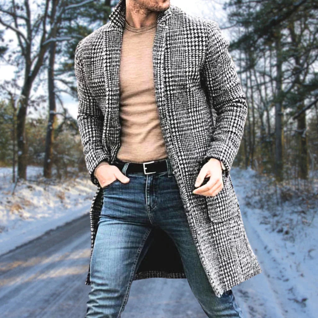 Men’s Houndstooth Faux Wool Longline Overcoat