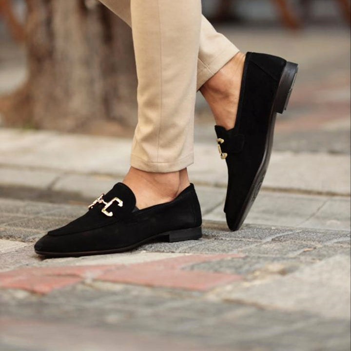 Men’s Faux Suede Double Bar Buckle Slip-On Loafers