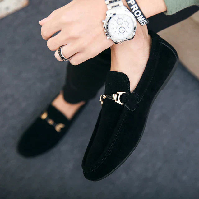 Men’s Faux Suede Gold Buckle Slip-On Loafers