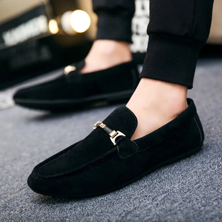 Men’s Faux Suede Gold Buckle Slip-On Loafers