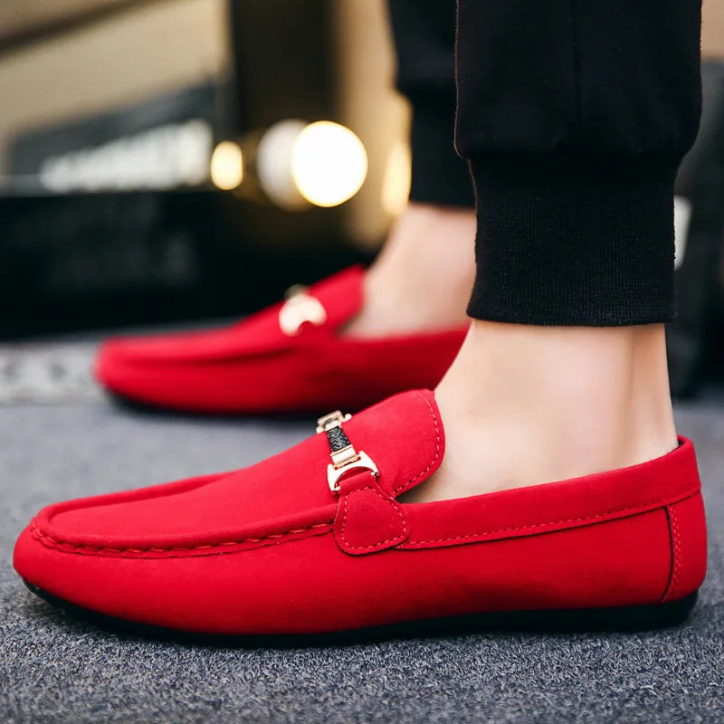 Men’s Faux Suede Gold Buckle Slip-On Loafers