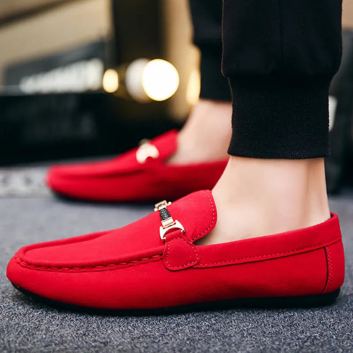 Men’s Faux Suede Gold Buckle Slip-On Loafers