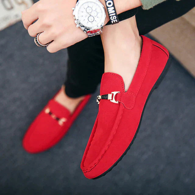 Men’s Faux Suede Gold Buckle Slip-On Loafers