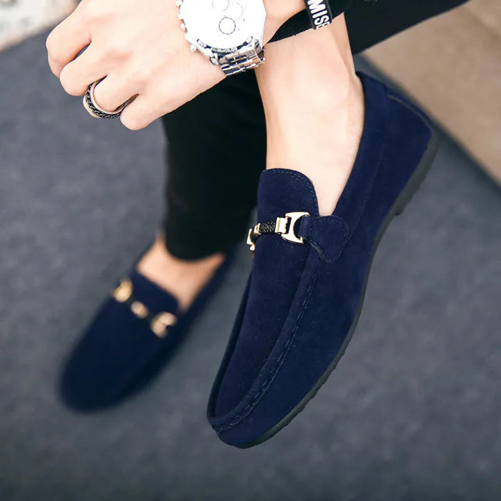 Men’s Faux Suede Gold Buckle Slip-On Loafers
