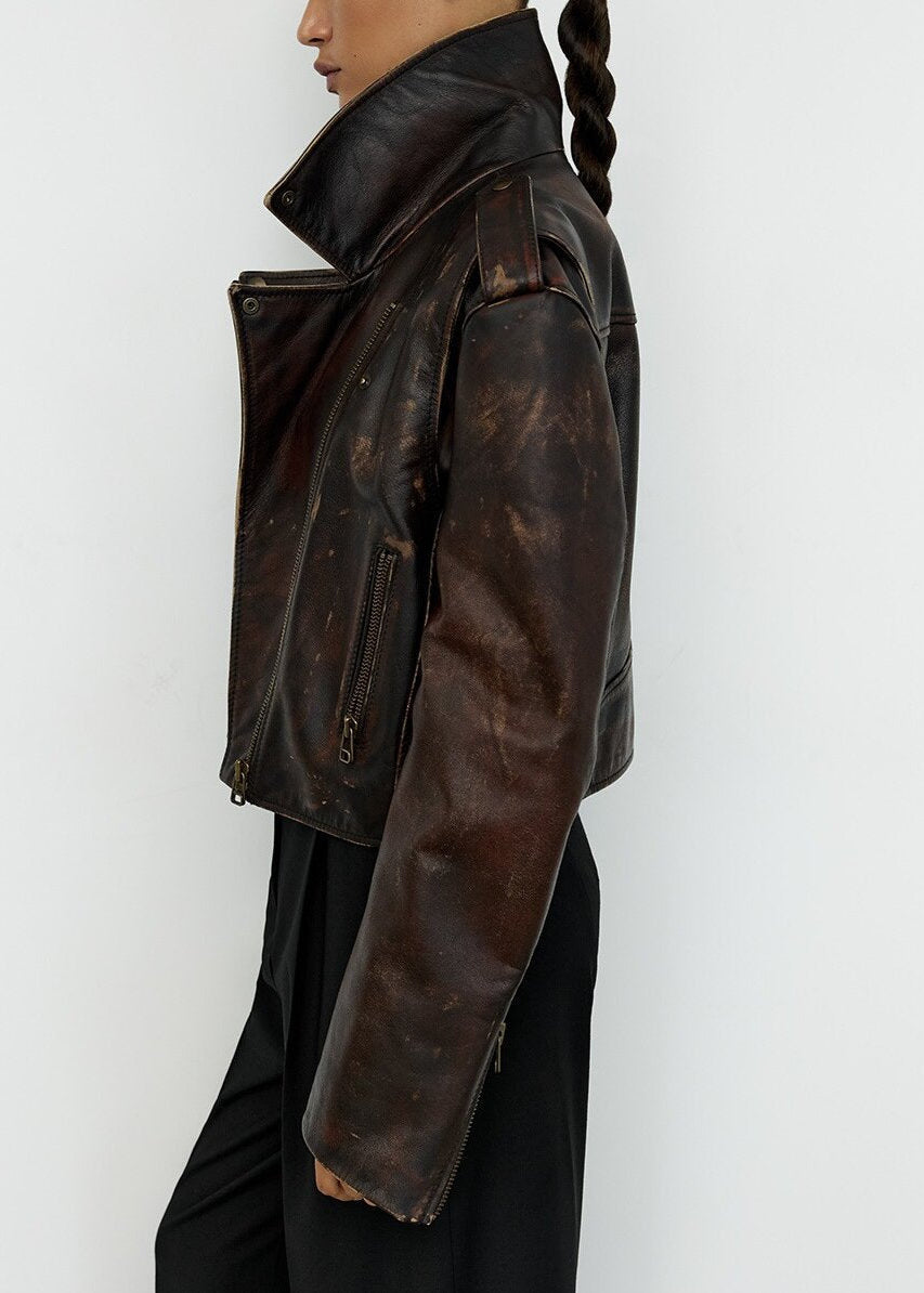 Women’s Cropped Distressed Biker Jacket Vintage Wash