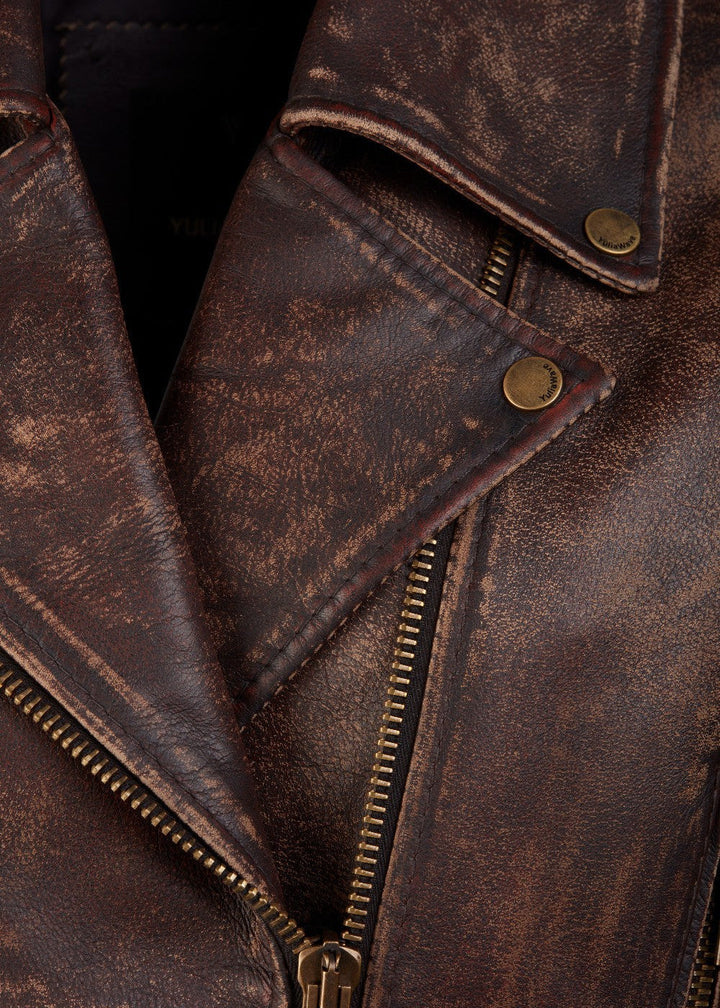Women’s Cropped Distressed Biker Jacket Vintage Wash