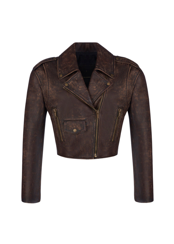 Women’s Cropped Distressed Biker Jacket Vintage Wash