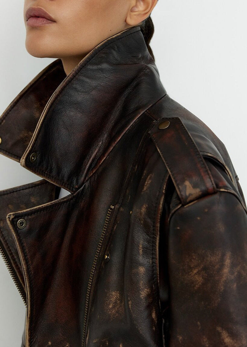 Women’s Cropped Distressed Biker Jacket Vintage Wash
