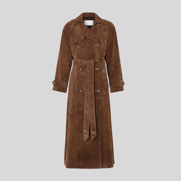 Women’s Double Breasted Faux Suede Belted Trench Coat