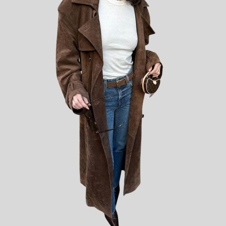 Women’s Double Breasted Faux Suede Belted Trench Coat