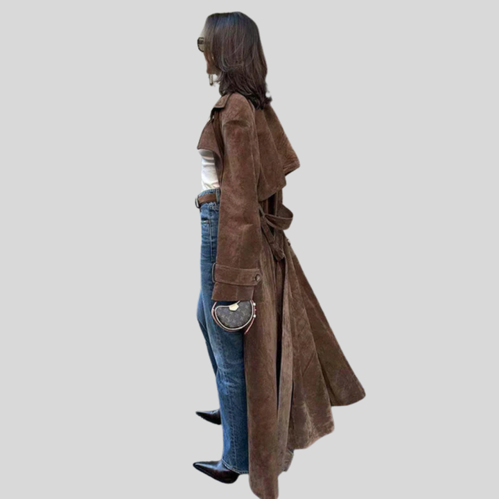 Women’s Double Breasted Faux Suede Belted Trench Coat
