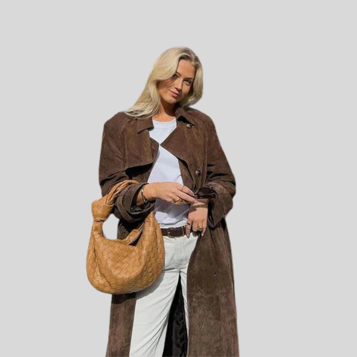 Women’s Double Breasted Faux Suede Belted Trench Coat