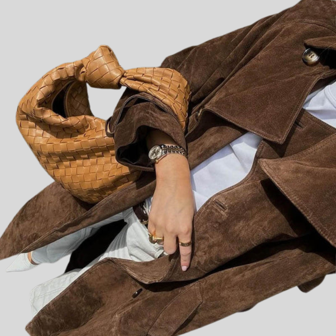 Women’s Double Breasted Faux Suede Belted Trench Coat