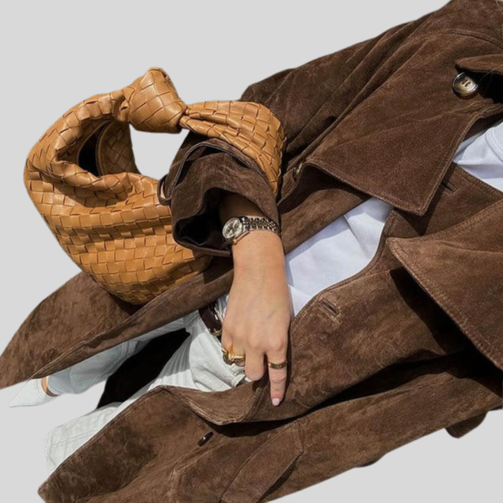 Women’s Double Breasted Faux Suede Belted Trench Coat