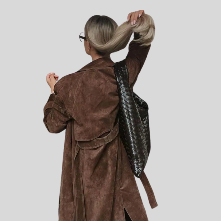 Women’s Double Breasted Faux Suede Belted Trench Coat