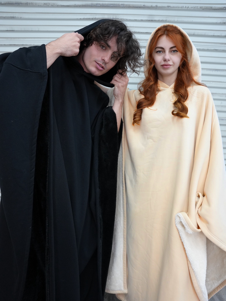 Unisex Shearling Lined Loose Hooded Poncho Jacket