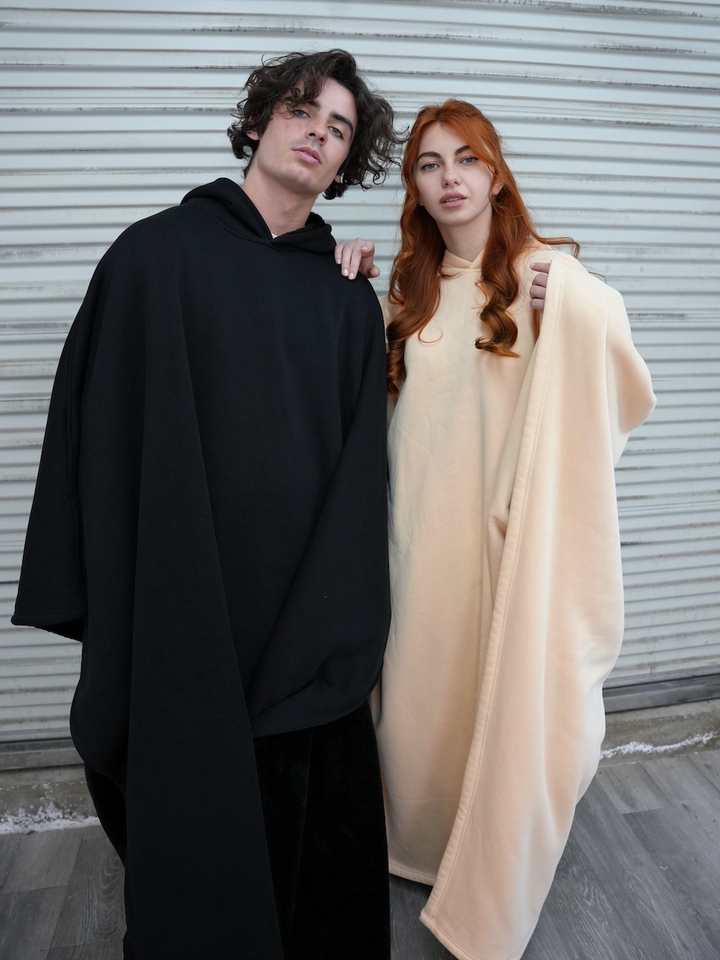 Unisex Shearling Lined Loose Hooded Poncho Jacket