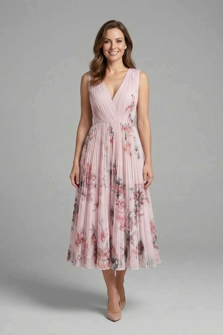 Pleated Floral Midi Dress with V-Neck | Olivia