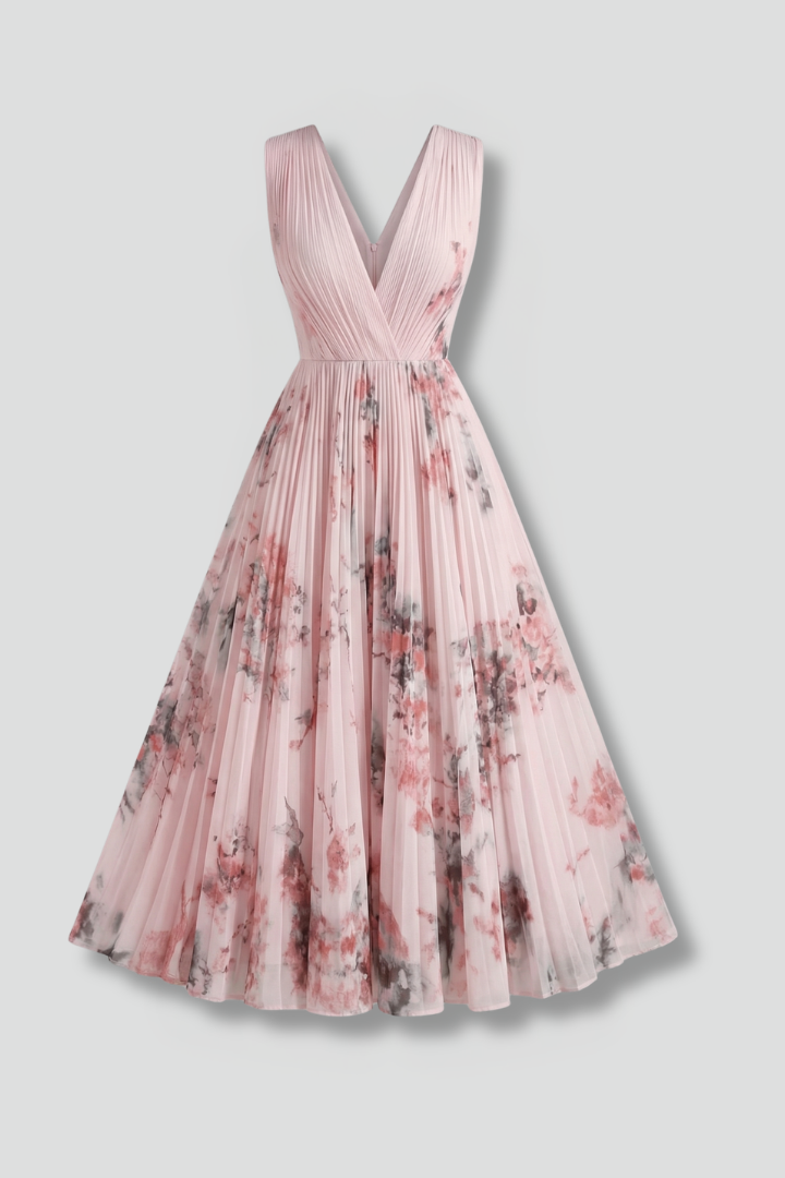 Pleated Floral Midi Dress with V-Neck | Olivia