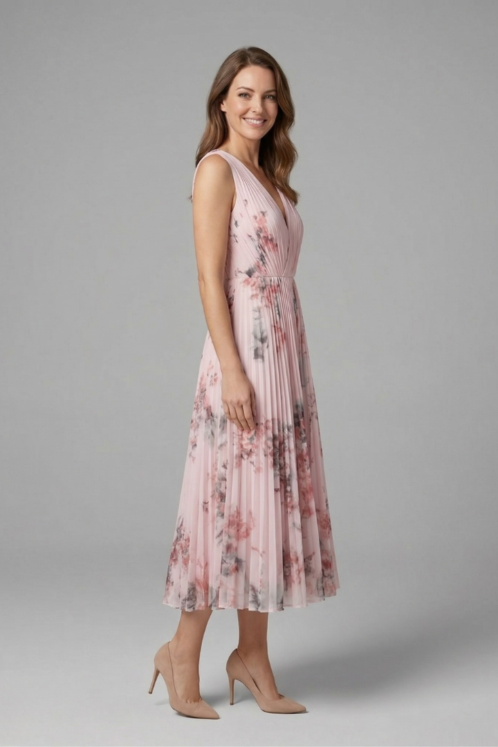 Pleated Floral Midi Dress with V-Neck | Olivia