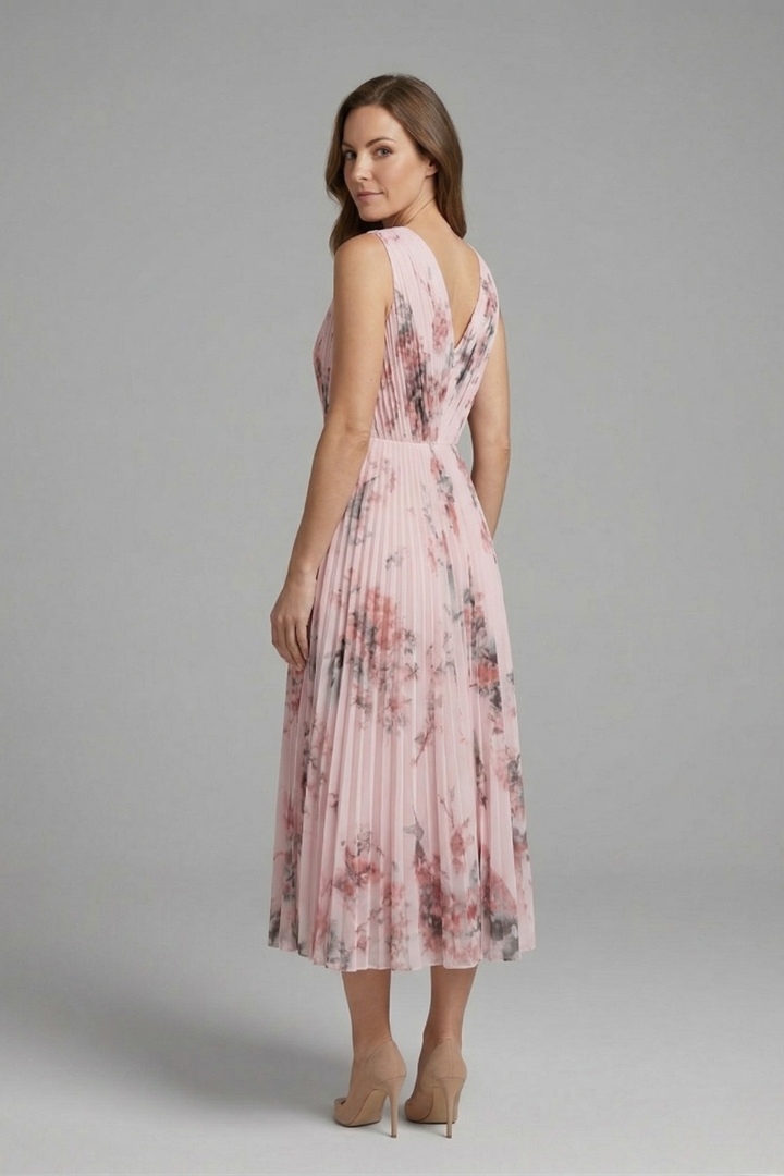 Pleated Floral Midi Dress with V-Neck | Olivia