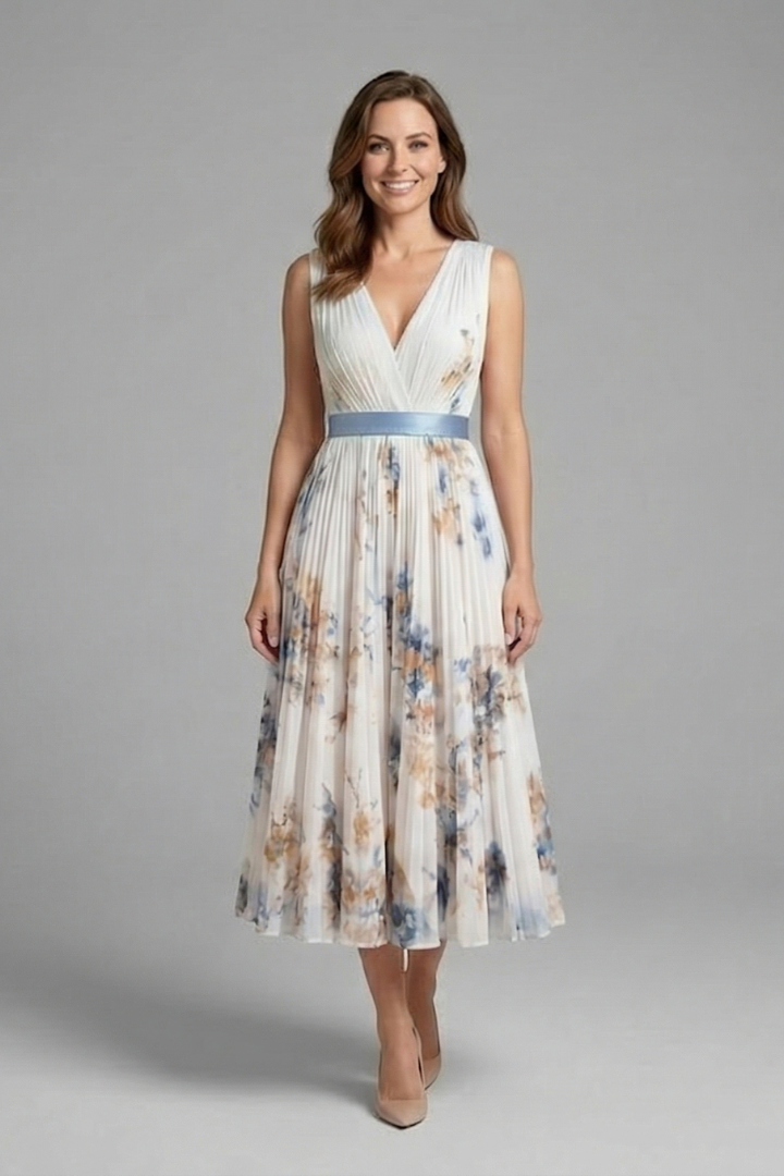 Pleated Floral Midi Dress with V-Neck | Olivia