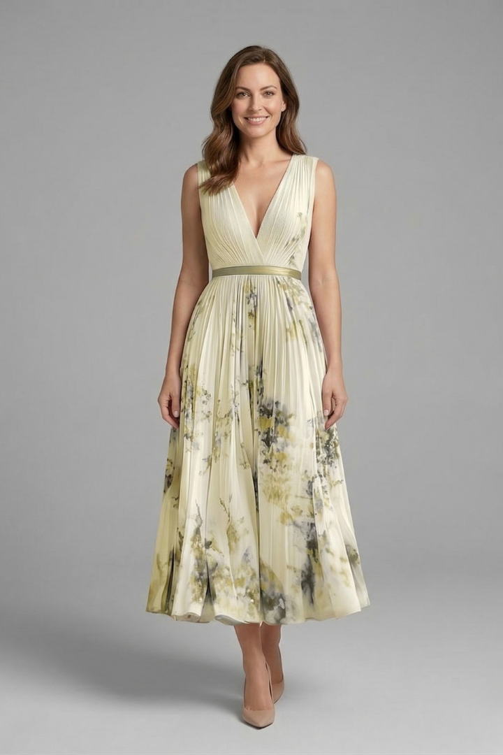 Pleated Floral Midi Dress with V-Neck | Olivia