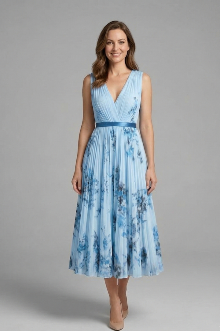 Pleated Floral Midi Dress with V-Neck | Olivia