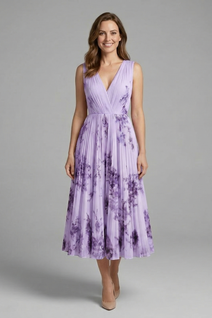Pleated Floral Midi Dress with V-Neck | Olivia