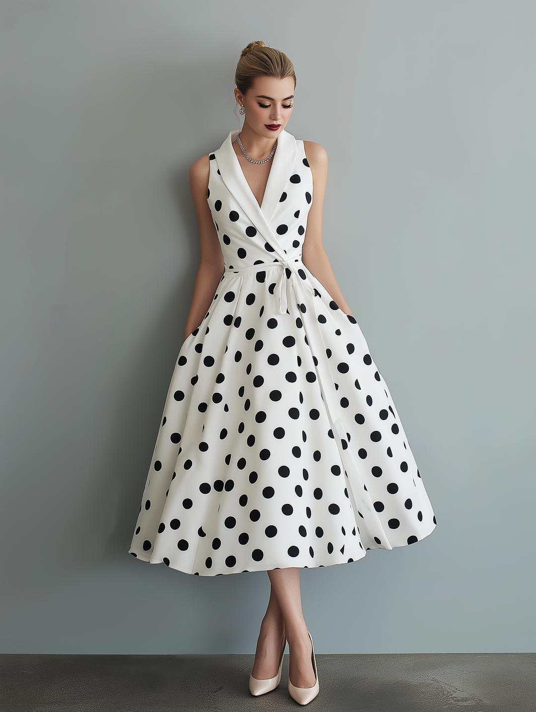 Polka Dot Midi Dress with Collared Neckline | Odette