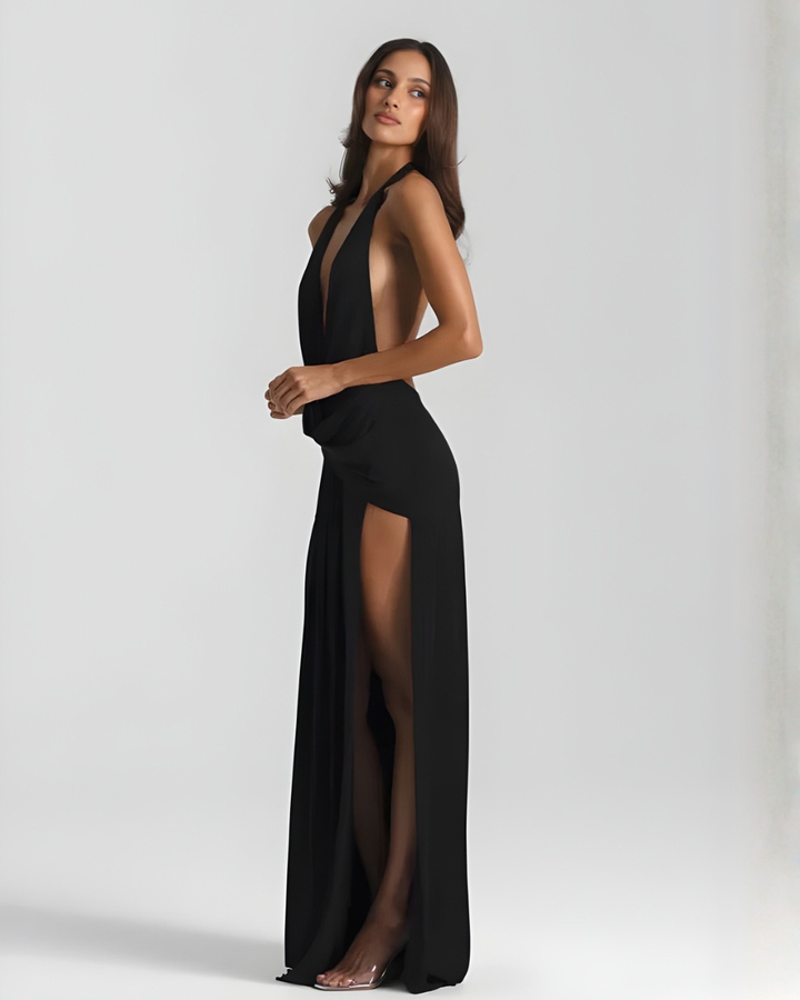 Halter Neck Backless Maxi Dress with Side Slit | Mia
