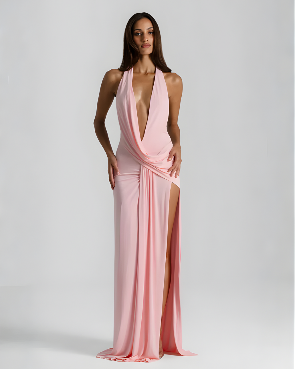 Halter Neck Backless Maxi Dress with Side Slit | Mia